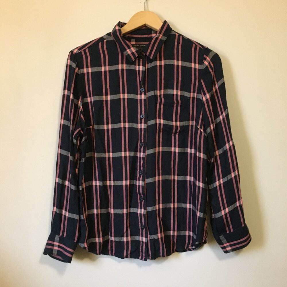 BANANA REPUBLIC Fluid Midnight Navy Blush Pink Plaid Tailored Shirt M